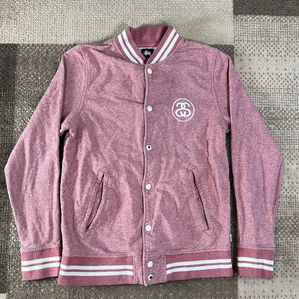 Stussy Varsity Jacket Mens S Light Red Full Snap Bomber Streetwear SS Pockets